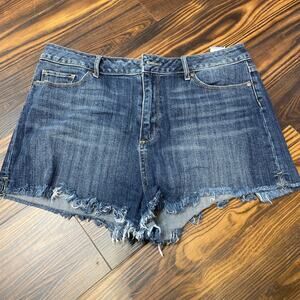 Paige Margot High Rise Denim Cut Off Medium Wash Shorts Frayed Hem